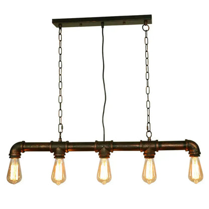 Retro industrial metal tubular island dining room light with dark bronze frame and five exposed bulb edison fixtures