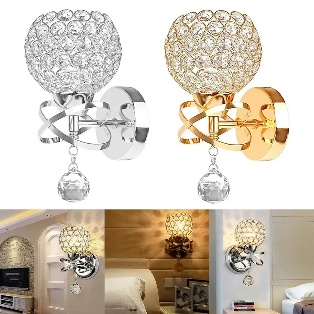 Retro industrial silver and gold crystal wall lamp with spherical design and dangling faceted pendant for living room decorbites crystal wall