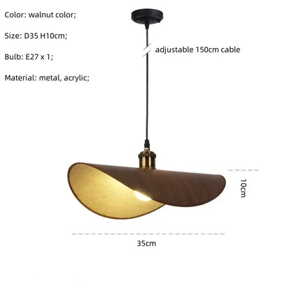 Walnut-colored retro leaf decorbites hat pendant light with curved metal and acrylic design for dining room decor