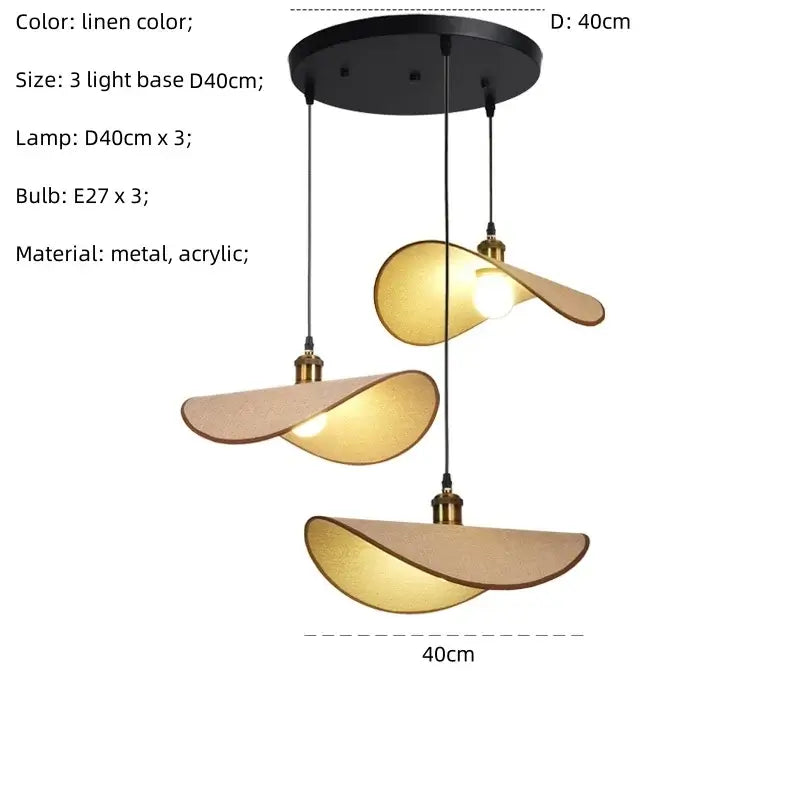 Modern three-light decorbites hat pendant light with linen leaf acrylic shades and brass fixtures for dining room decor