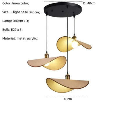 Modern three-light decorbites hat pendant light with linen leaf acrylic shades and brass fixtures for dining room decor