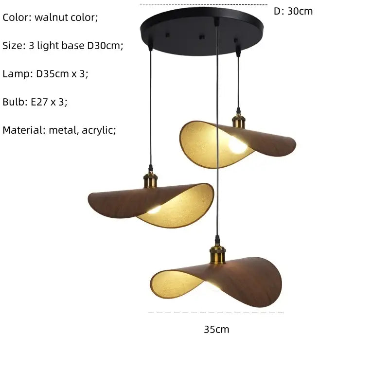Modern walnut-colored decorbites hat pendant light with three curved acrylic shades and metal fixtures for dining room decor