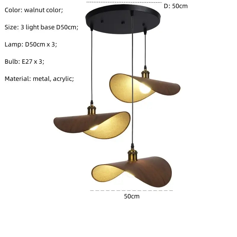 Modern walnut-colored retro leaf wooden hat pendant light with three curved acrylic shades and brass accents for dining room decorbites hat pendant