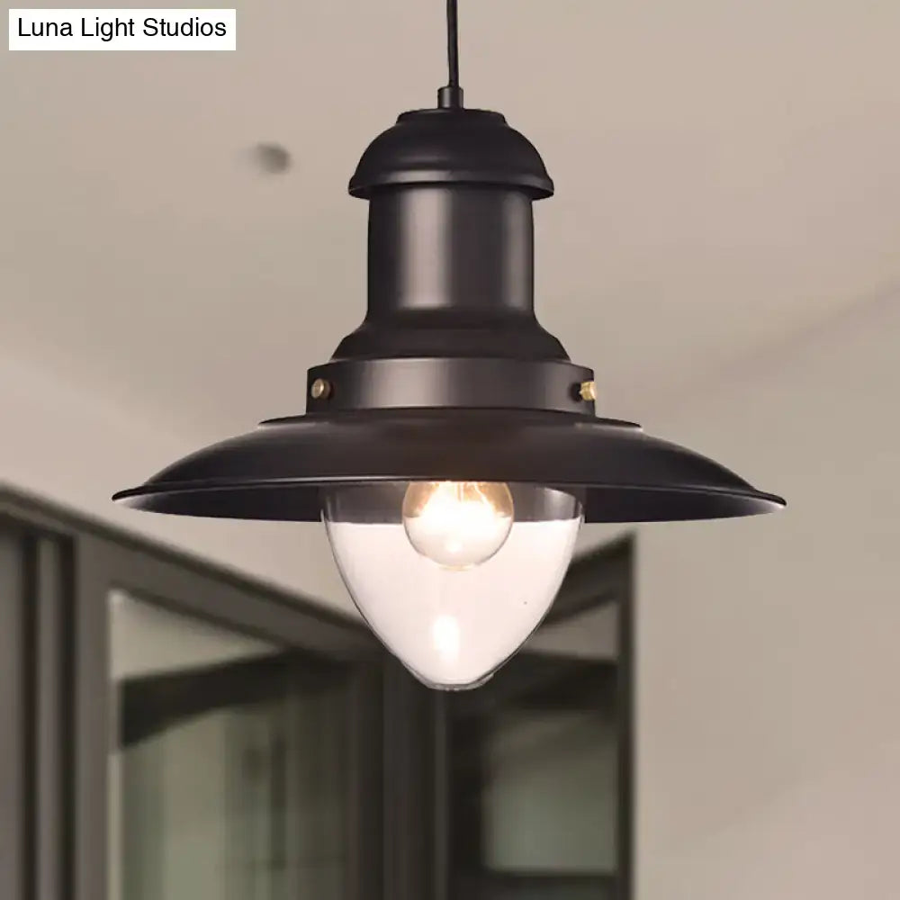 DecorBites™ retro loft saucer black metal pendant light with clear glass bulb and wide shade for coffee shop ceiling fixture