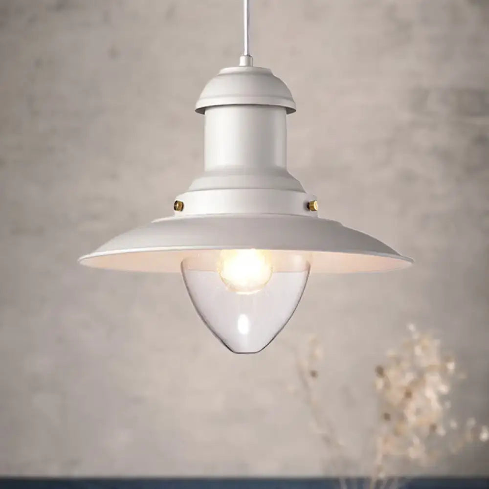 Decorbites retro loft saucer ceiling pendant light in white with brass accents and clear glass bulb for coffee shop use