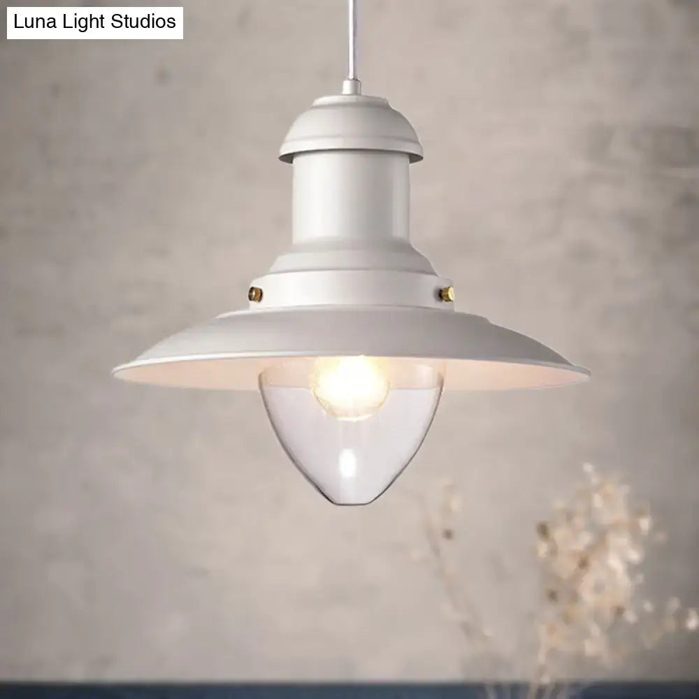 White industrial-style DecorBites™ pendant light with clear glass bulb and brass accents ceiling fixture for coffee shop