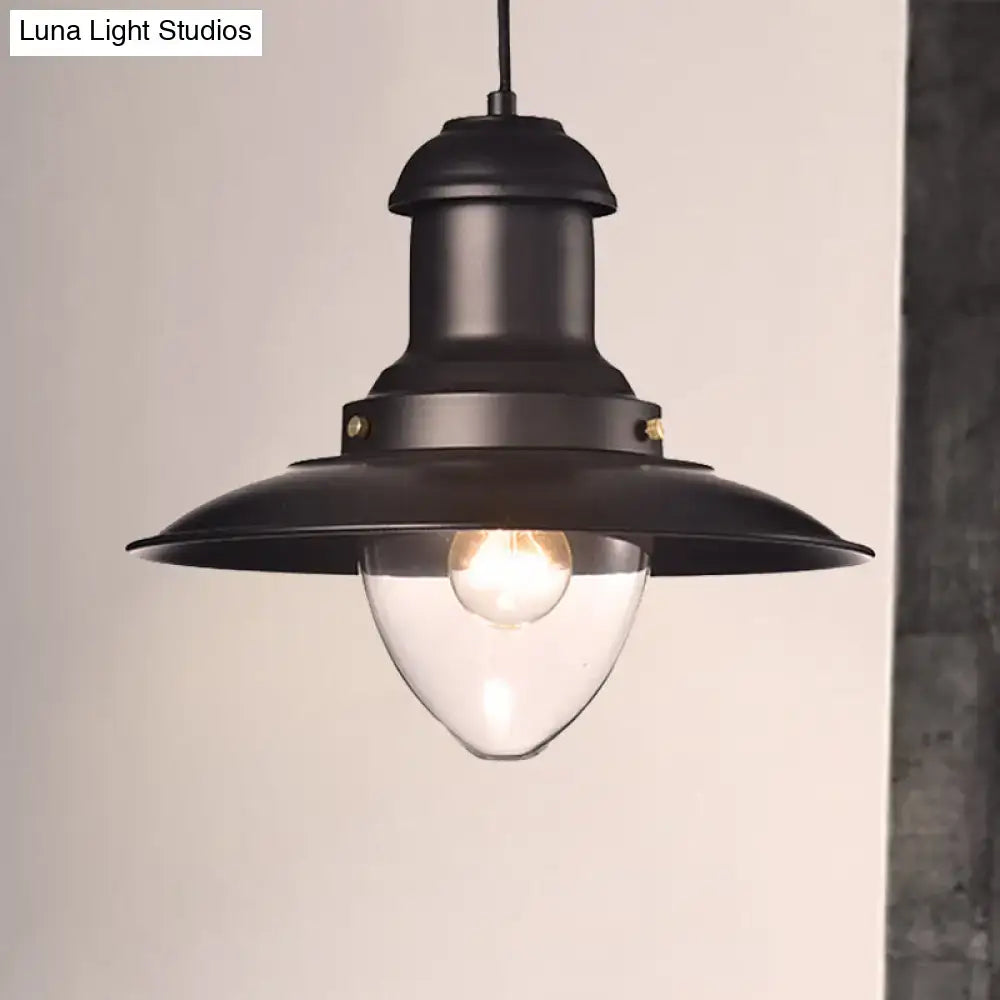 Black metal DecorBites retro loft saucer pendant light with clear glass bulb and wide shade for coffee shop ceiling fixture