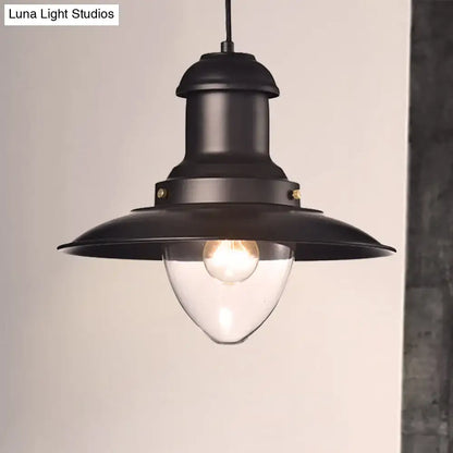Black metal DecorBites retro loft saucer pendant light with clear glass bulb and wide shade for coffee shop ceiling fixture