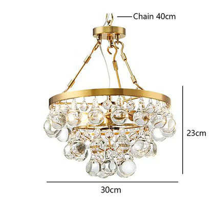 Retro luxury gold crystal bead ceiling pendant lights featuring a gold-finished chandelier with cascading clear crystal droplets