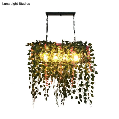 Decorbites retro metal black ceiling light with four heads, warm LED glow, and plant decor of green vines and pink flowers