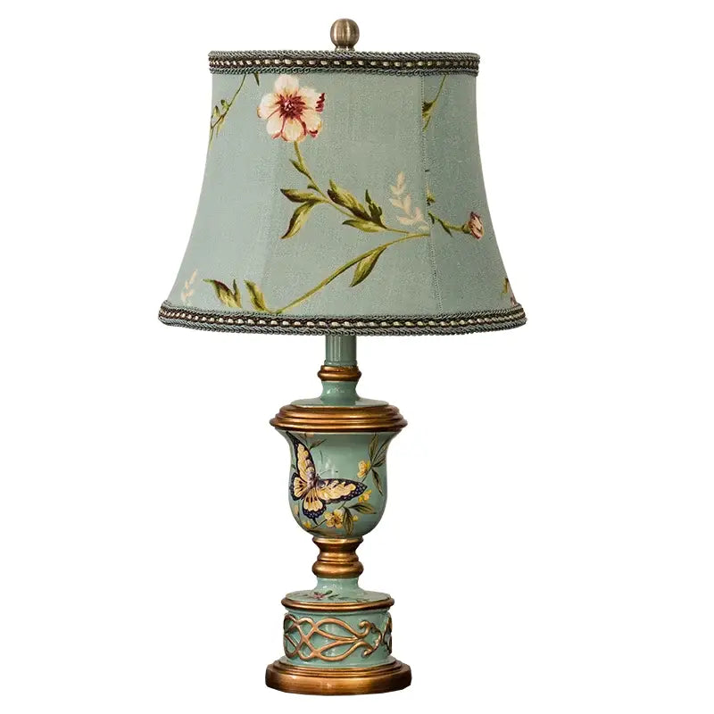 Retro mint green decorbites green resin table lamp with light blue floral butterfly shade and ornate base for bedroom decor