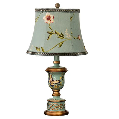 Retro mint green decorbites green resin table lamp with light blue floral butterfly shade and ornate base for bedroom decor