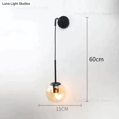 Black metal wall lamp with retro modern glass smoked globe bulb ideal for nordic bedroom lighting