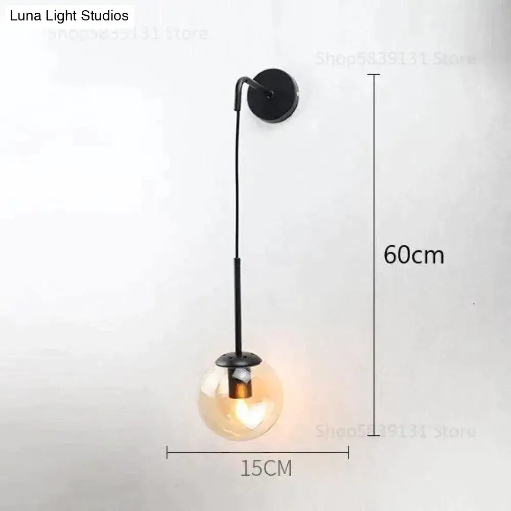 Black metal wall lamp with retro modern glass smoked globe designed for nordic bedroom lighting