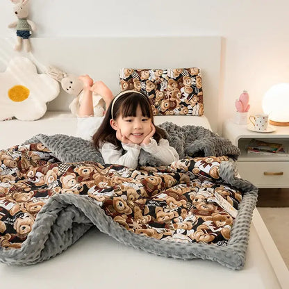 Retro mustard lion cotton floral double quilt with cozy teddy bear pattern and soft gray textured fabric reverse side
