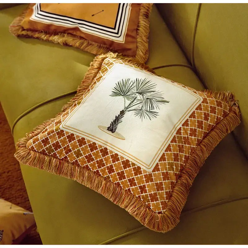 Square cushion cover with central embroidered palm tree on cream fabric and retro mustard zebra print decorbites italian retro fringe