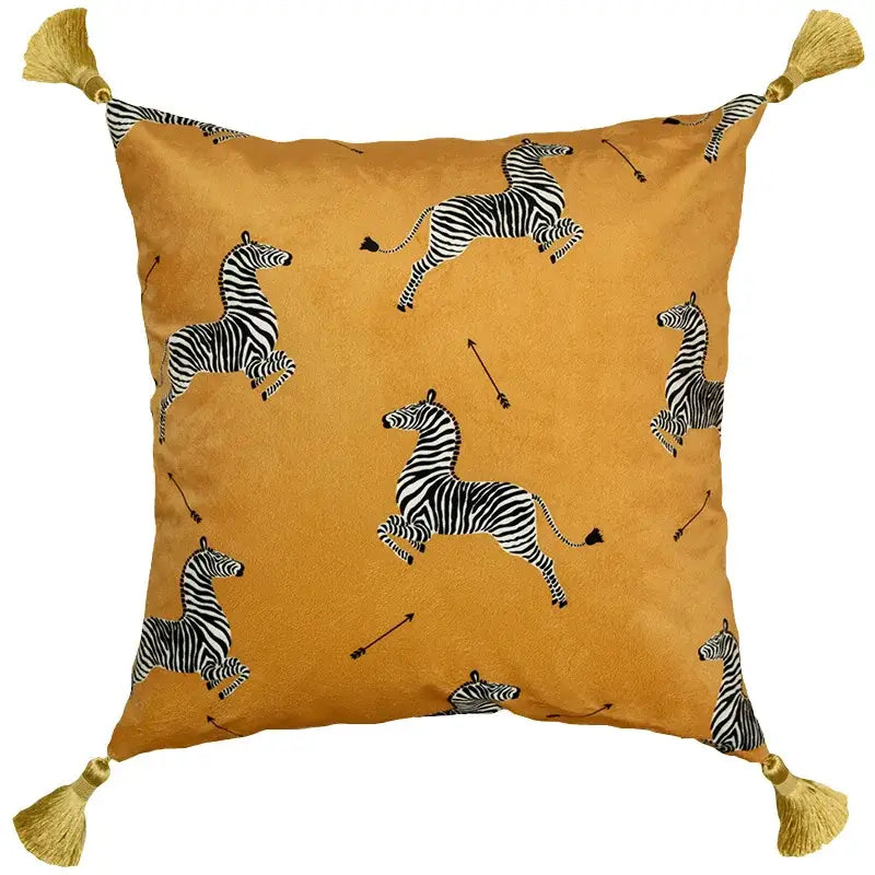 Retro mustard velvet cushion cover with zebra print and gold tassels for decorbites italian retro living room decor