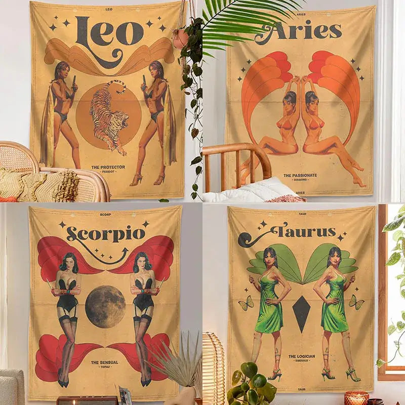 Set of four vintage-style constellation tarot tapestries with bold retro illustrations on mustard-yellow fabric for wall art