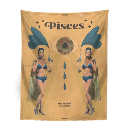 Vintage-style mustard yellow constellation tarot tapestry featuring two women in blue bikinis with winged guns and central eye design