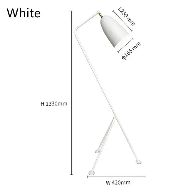 White minimalist retro nordic grasshopper floor lamp with sleek curved metal frame and conical shade for living room decor
