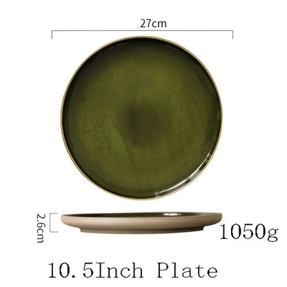 Retro olive green ceramic dinner plate with subtle texture and raised rim for elegant dining room use