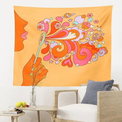 Retro orange colorful bubbles tapestry featuring a stylized profile blowing colorful bubbles for decorbites wall art