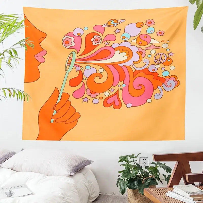 Retro orange colorful bubbles tapestry with vibrant psychedelic decorbites colorful bubbles for bedroom wall art