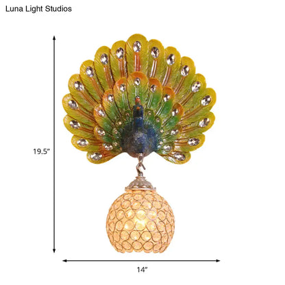 Retro peacock silver and white wall lamp with clear crystal and e26 e27 socket featuring vibrant peacock feathers