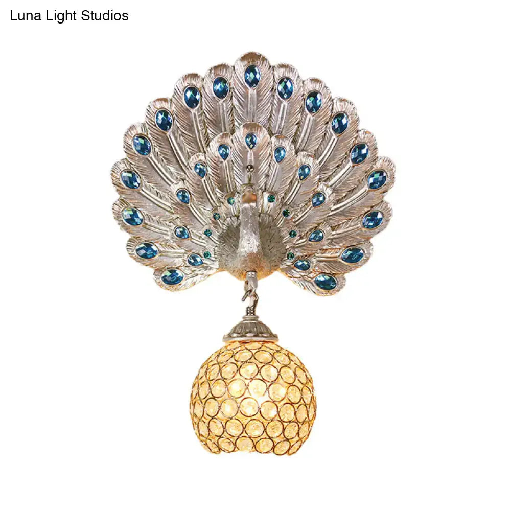 Silver peacock-themed wall lamp with clear crystal blue gemstone eyes and golden beaded globe shade for e26 e27 bulbs