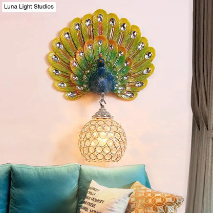 Retro peacock silver and white wall lamp with vibrant iridescent design and clear crystal globe for e26 e27 bulbs