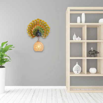 Vibrant retro peacock wall lamp with iridescent feathers clear crystal honeycomb shade compatible with e26 e27 bulbs