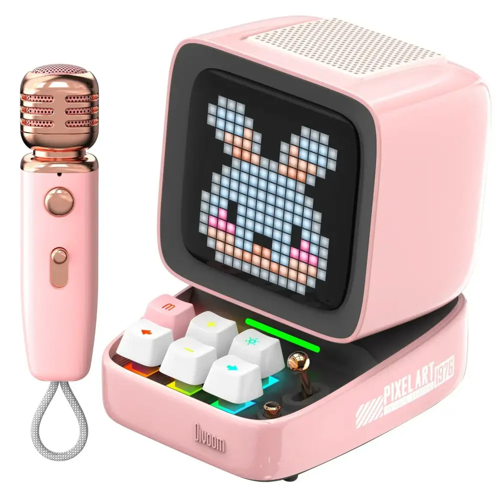 Retro pink bluetooth speaker with pixel art display and ditoo-mic bluetooth speaker karaoke microphone for bedroom use
