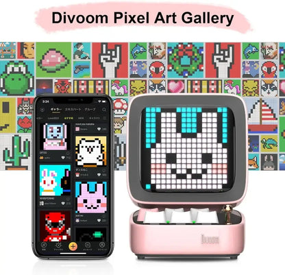 Retro pink divoom pixel art game bluetooth speaker music box with pixelated rabbit face and white keys inside