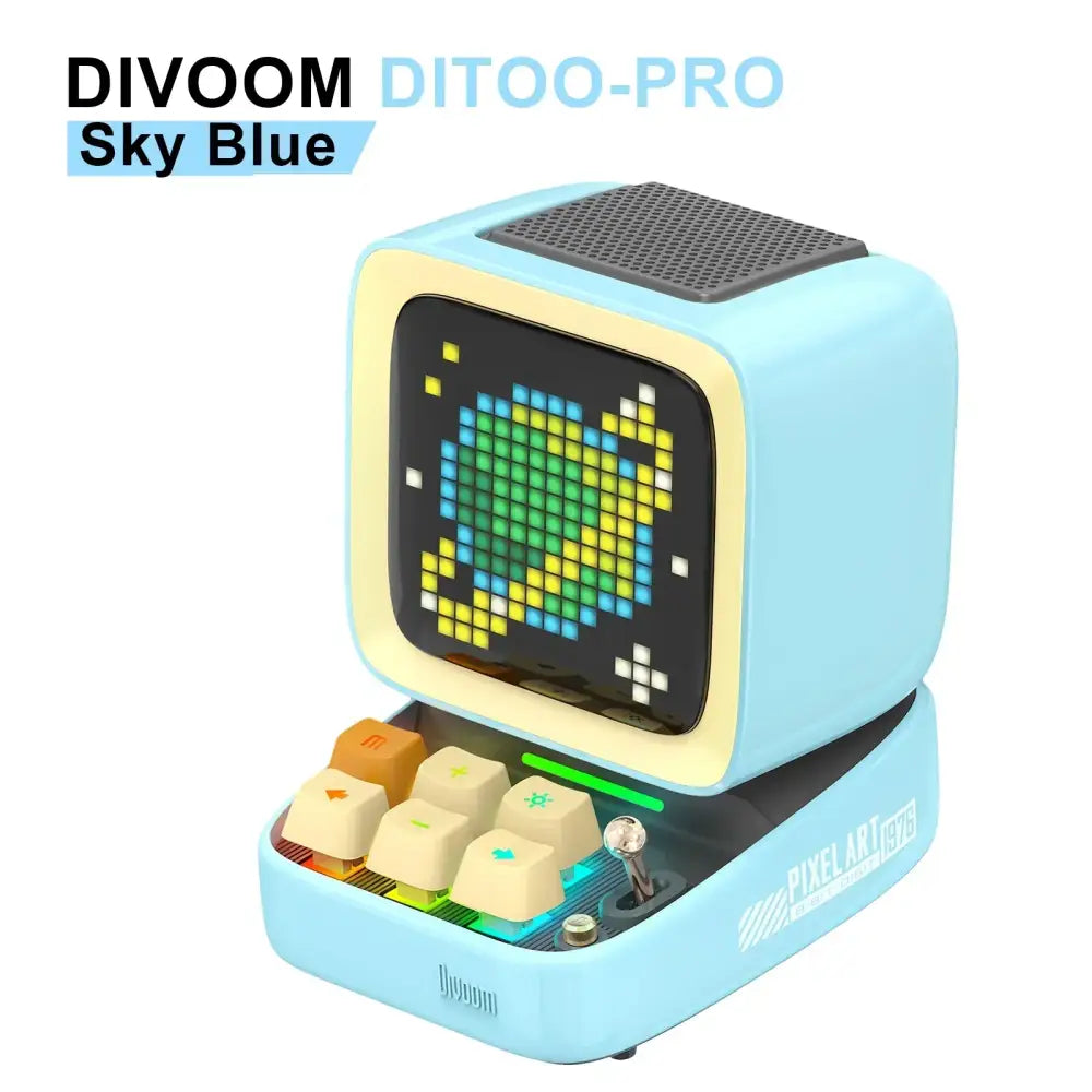 Sky blue divoom ditoo pro retro pixel art speaker with colorful led display and vintage-style keyboard for bedroom decor