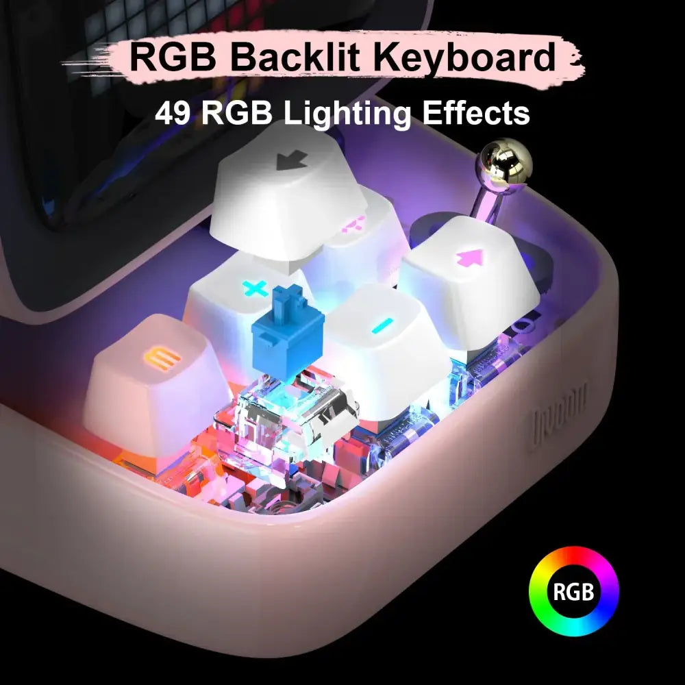 A sleek compact rgb backlit keyboard with white keycaps and metallic knob for retro pixel art speaker led display decor