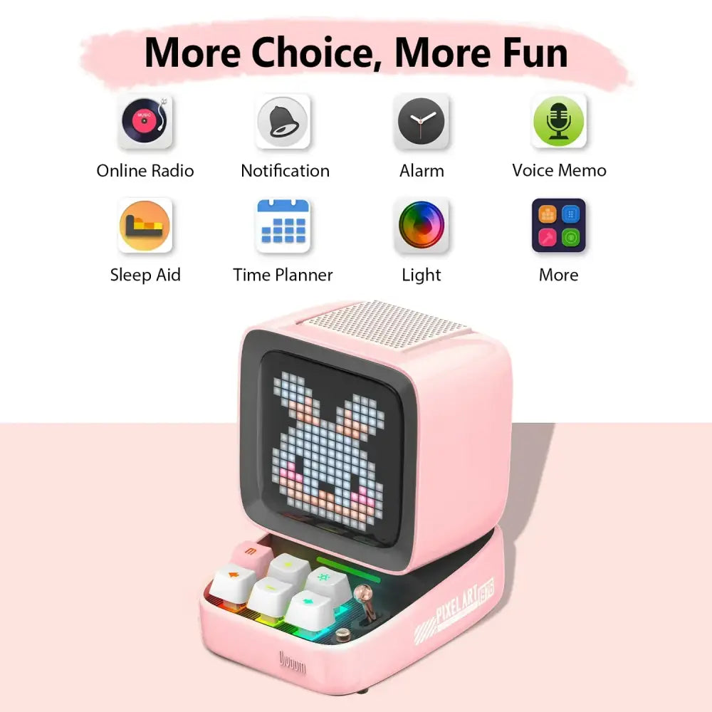 Retro pink pixel art speaker with led display and colorful keyboard keys for bedroom decor and music playback