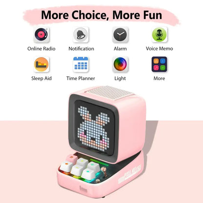 Retro pink pixel art speaker with led display and colorful keyboard keys for bedroom decor and music playback
