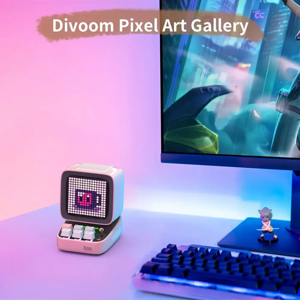 Retro pink and white pixel art speaker with led display showing a pink face for bedroom decor