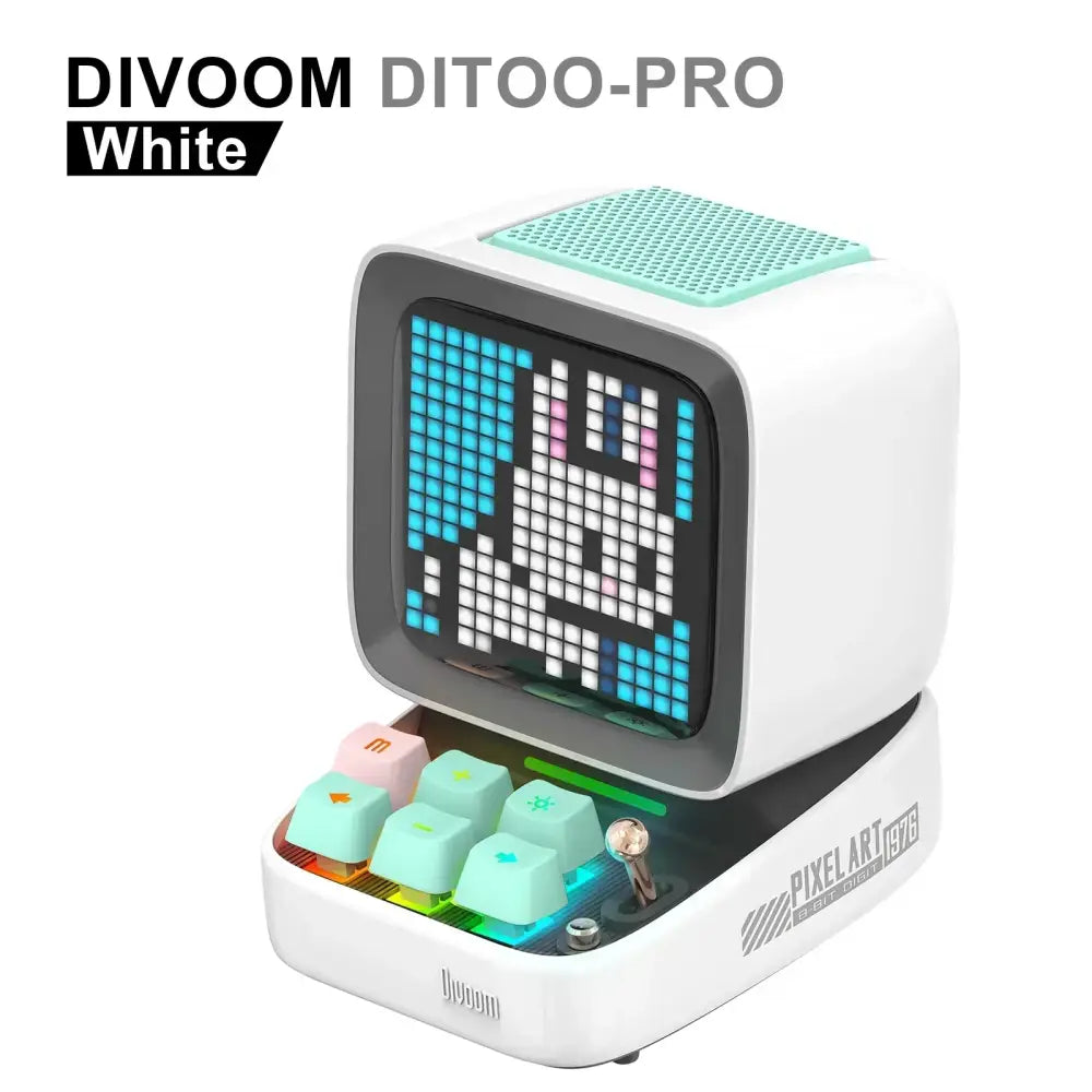 White divoom ditoo-pro retro pixel game alarm clock with led light mint green speaker and colorful keyboard keys
