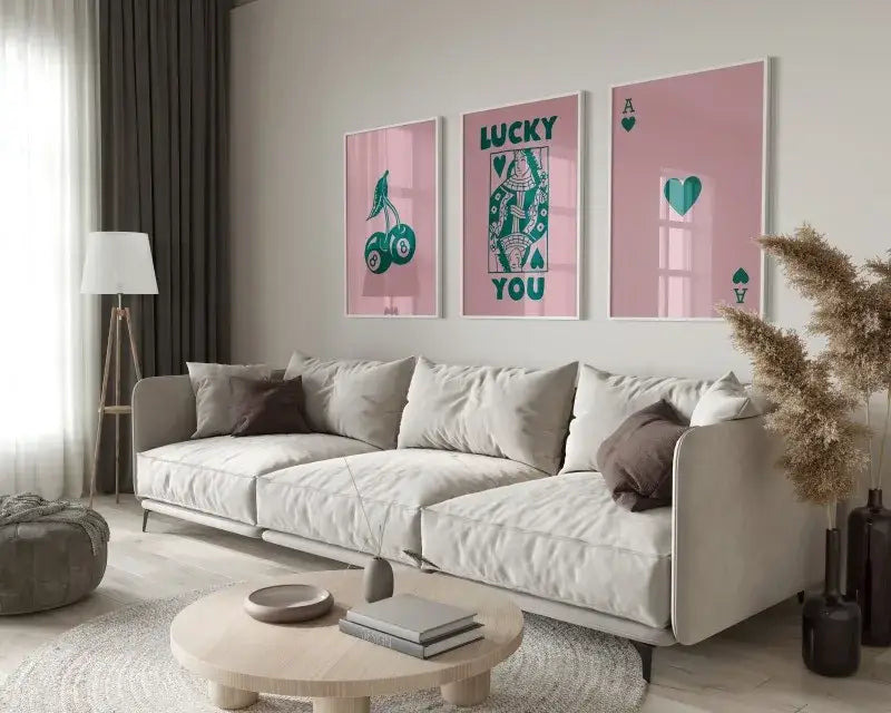 Beige upholstered sectional sofa with dark brown throw pillows shown alongside decorbites™ 3-piece retro hearts poster set