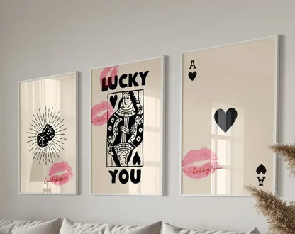 Three framed wall art pieces in decorbites™ 3-piece retro queen of hearts poster set with black and pink design
