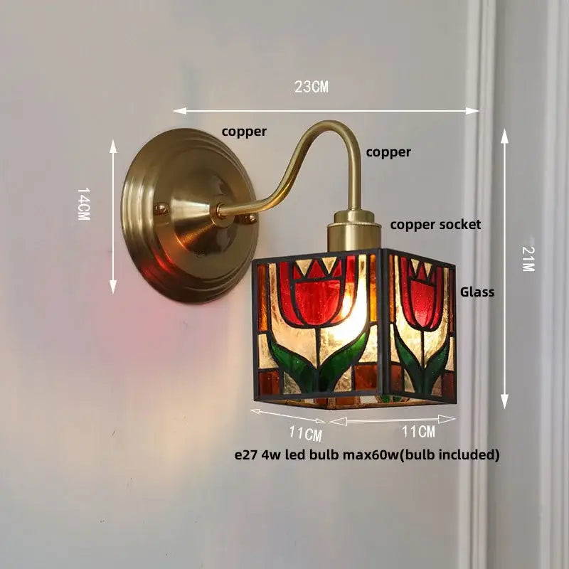 A copper retro red tulip stained glass cube led wall sconce for bedroom decorbites cube led wall lighting