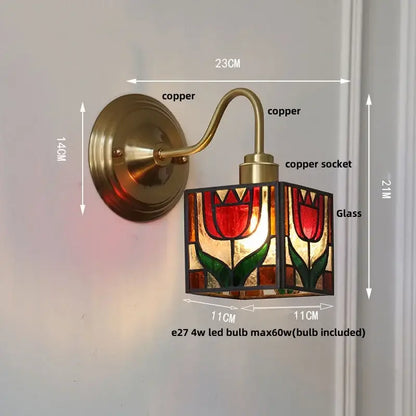 A copper retro red tulip stained glass cube led wall sconce for bedroom decorbites cube led wall lighting