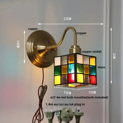 Copper wall sconce with retro red tulip stained glass cube led shade for bedroom decorbites cube led wall lighting