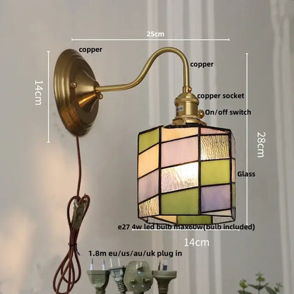Copper-finished wall sconce with pastel green pink yellow stained glass shade for retro decorbites cube led wall lighting