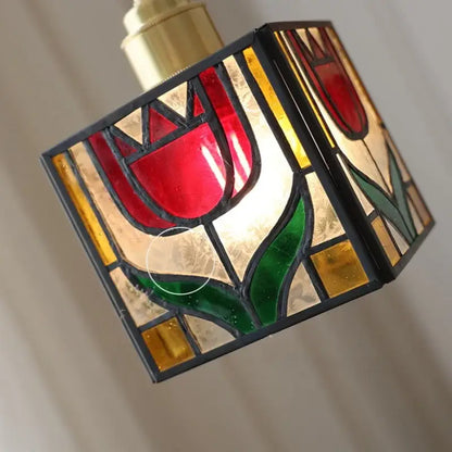 Retro red tulip stained glass cube led wall sconce with vibrant red tulip and gold accents for bedroom decorbites cube led cube led wall