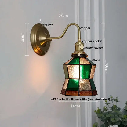 Vintage-style copper wall sconce with emerald and amber stained glass shade for retro red tulip decorbites cube led wall lighting