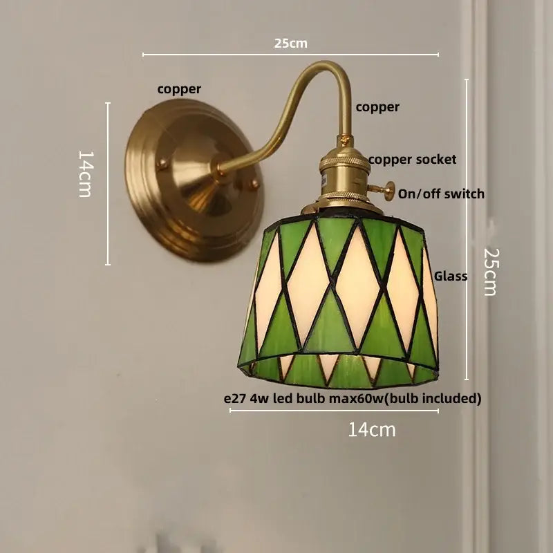 Retro red tulip stained glass cube led wall sconce with green and cream glass and copper hardware for bedroom decorbites cube led