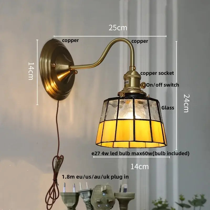 Antique-style copper wall sconce with yellow and clear stained glass shade retro red tulip decorbites cube led bedroom light
