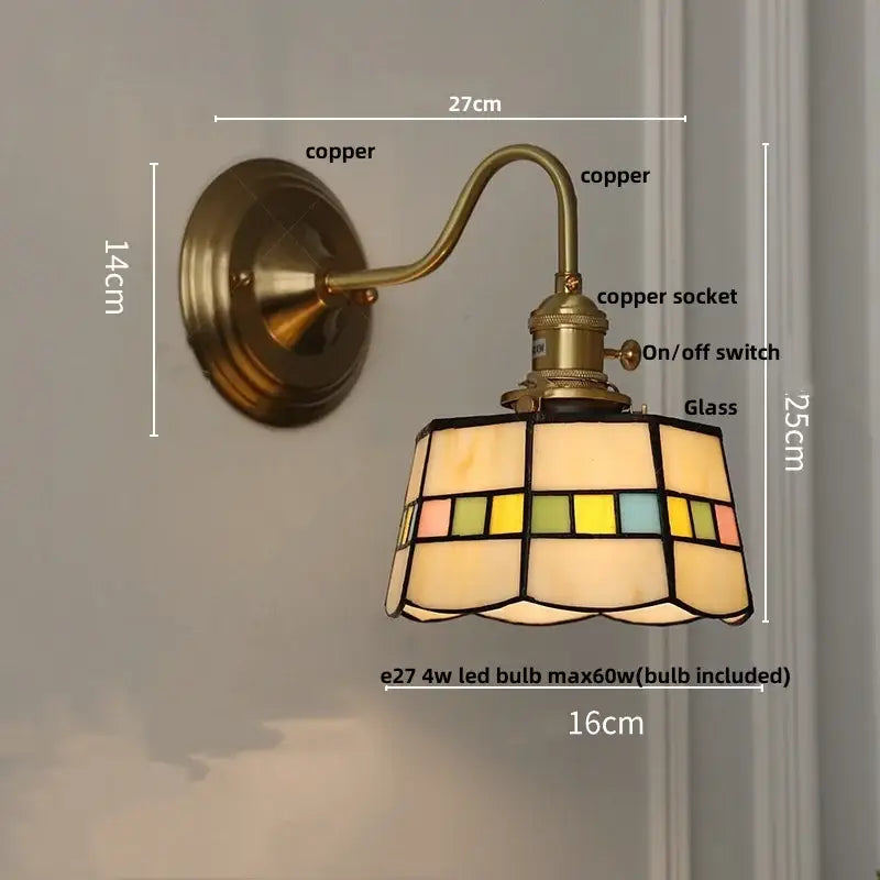 Antique-style copper retro red tulip stained glass cube led wall sconce with colorful geometric decorbites cube led shade